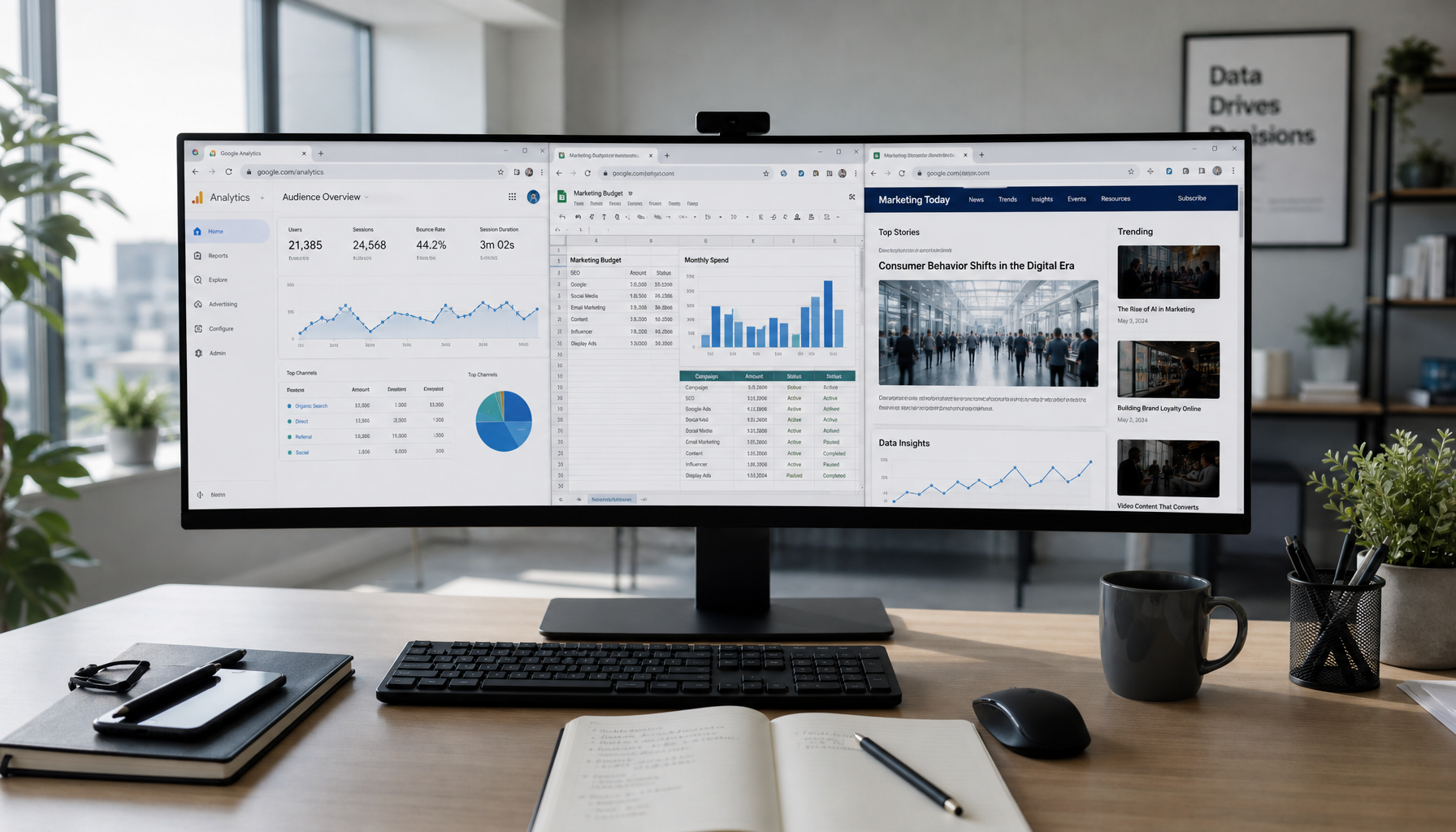 Multiple content formats being compared on a wide monitor