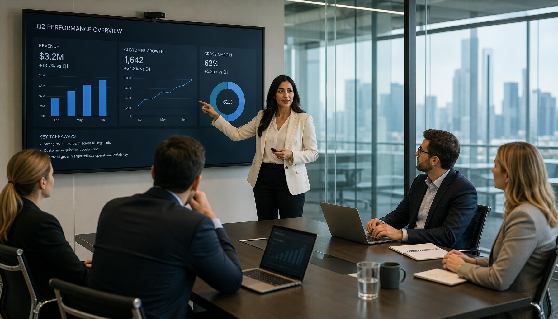 Professional presenting focused content metrics to a team