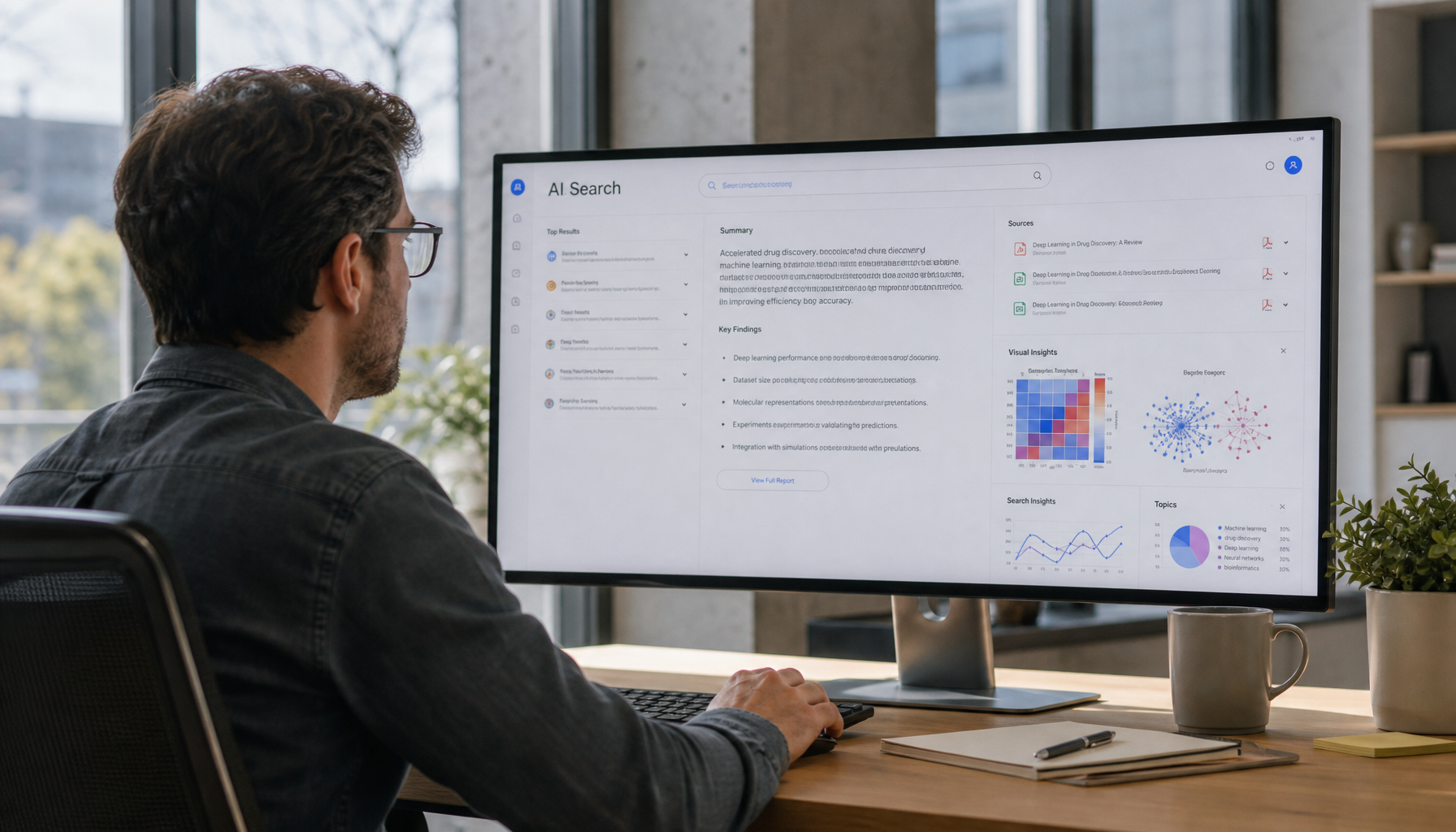 Researcher analyzing AI search content performance on a monitor