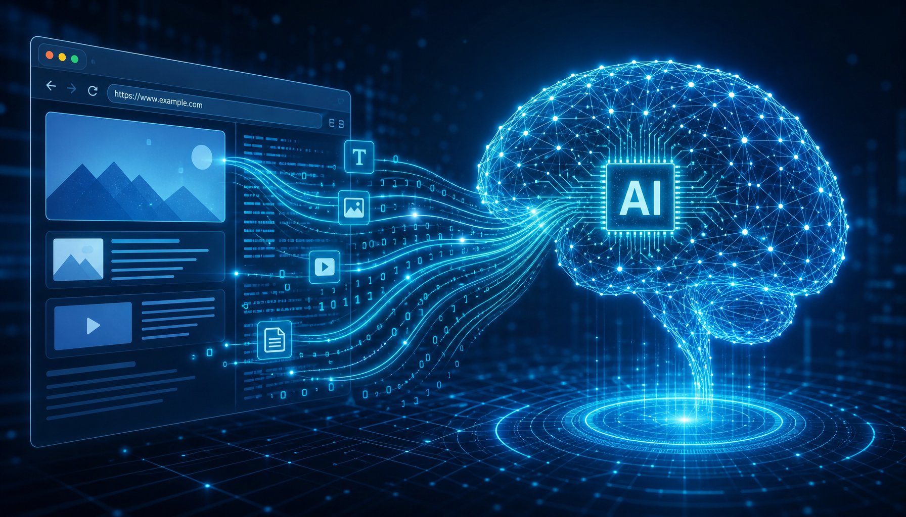 Futuristic visualization of AI processing web content with data flowing into AI system