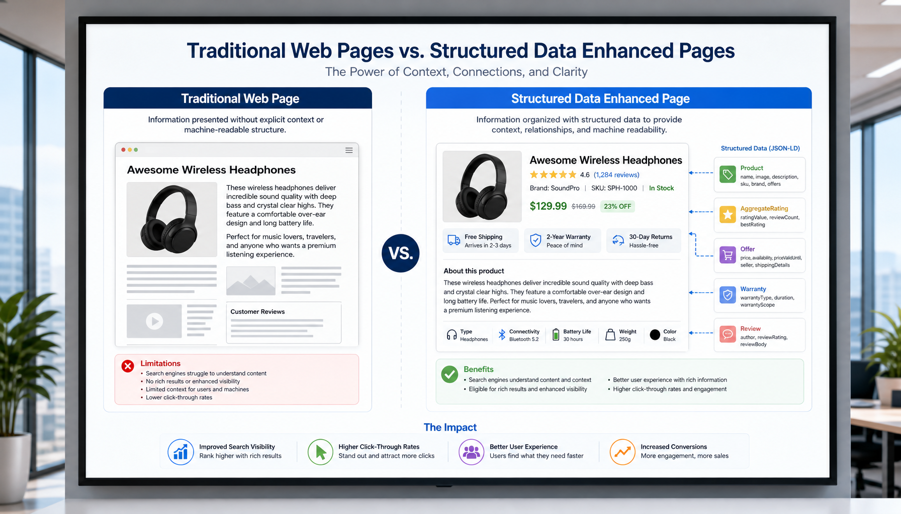 Comparison showing traditional web page versus structured data enhanced page