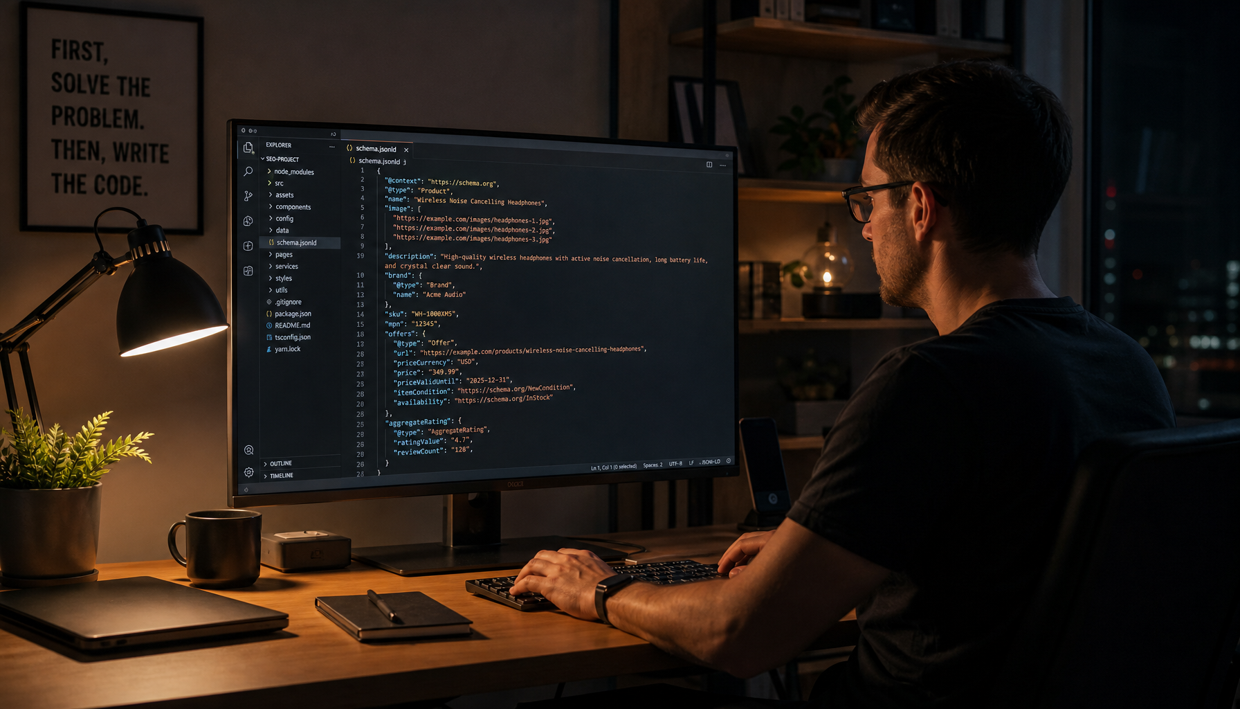 Developer writing structured data markup code on widescreen monitor