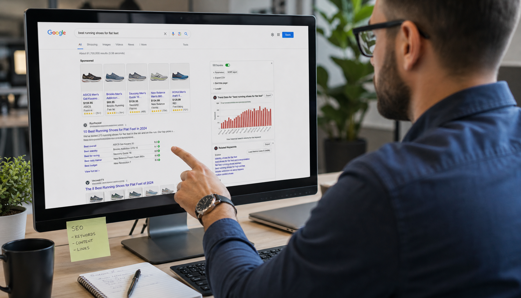 SEO specialist reviewing search results showing rich snippets