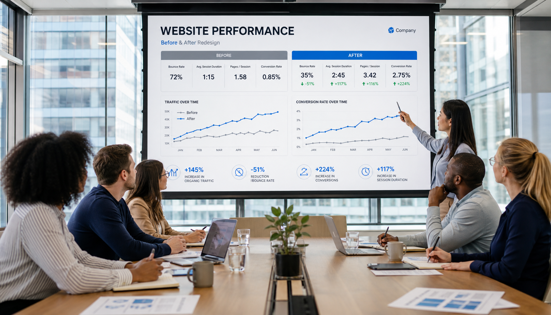 Team reviewing website performance data showing before and after metrics