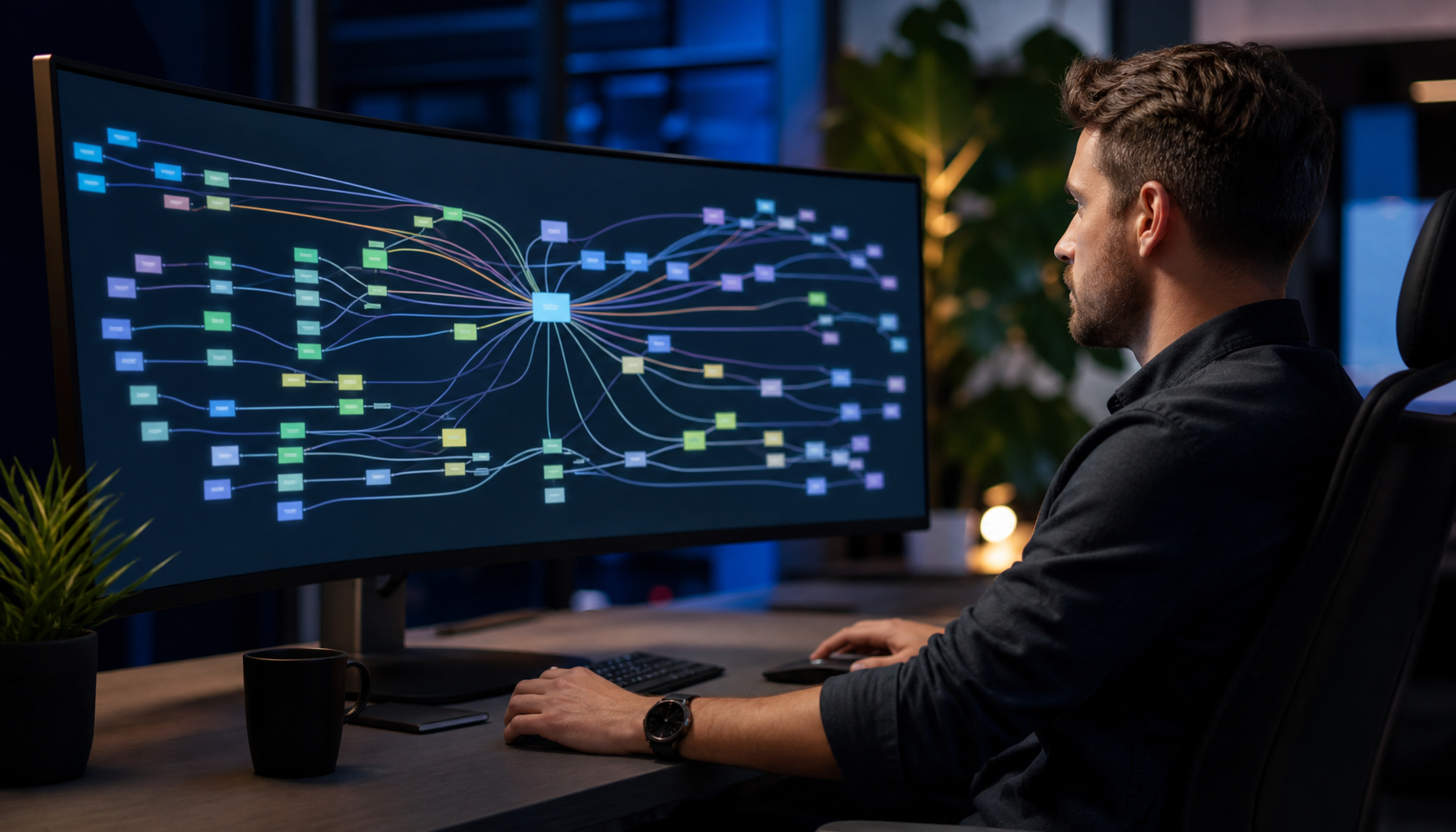 SEO specialist analyzing website sitemap structure on large curved monitor