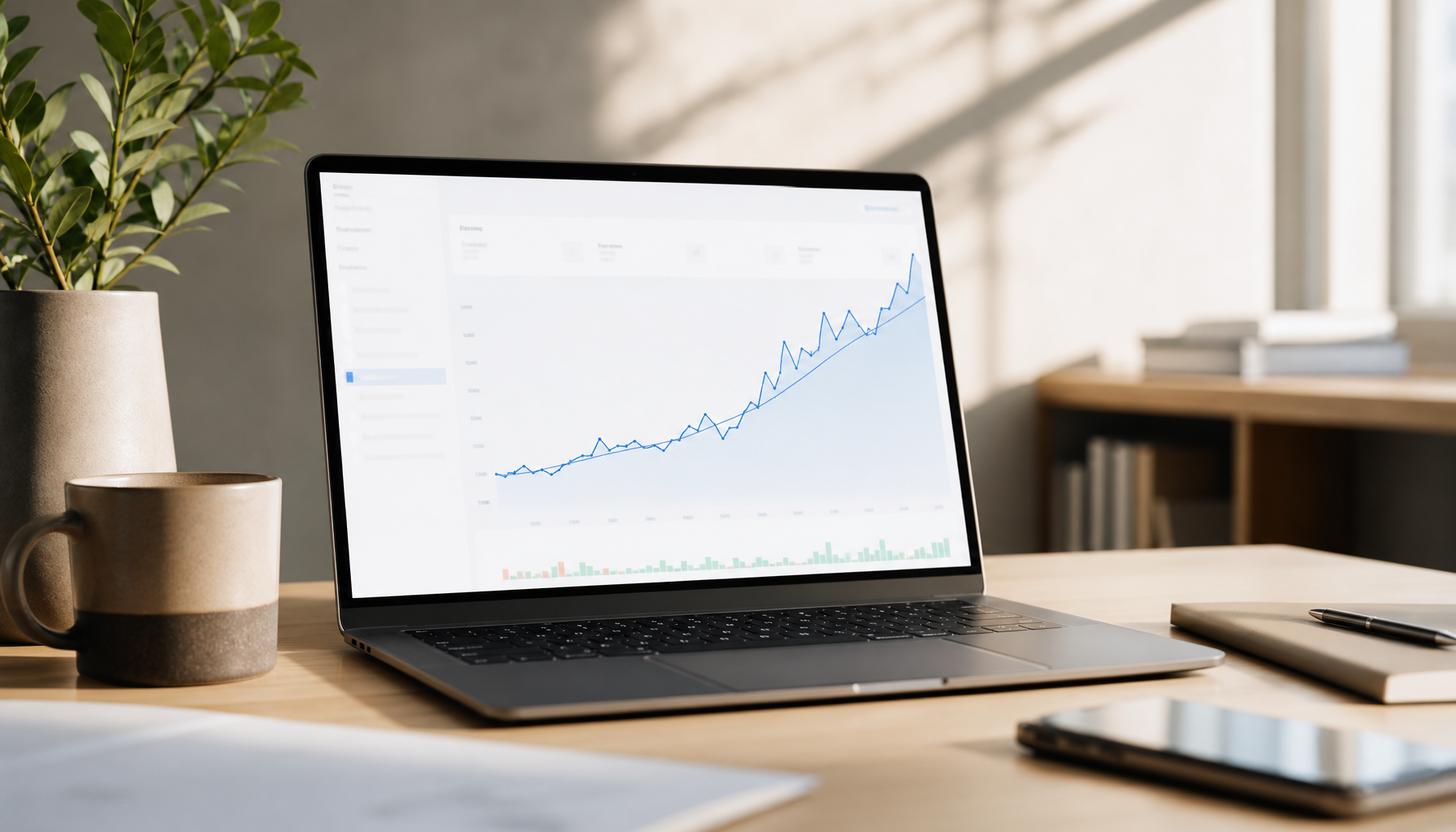 Laptop showing analytics growth chart on clean desk