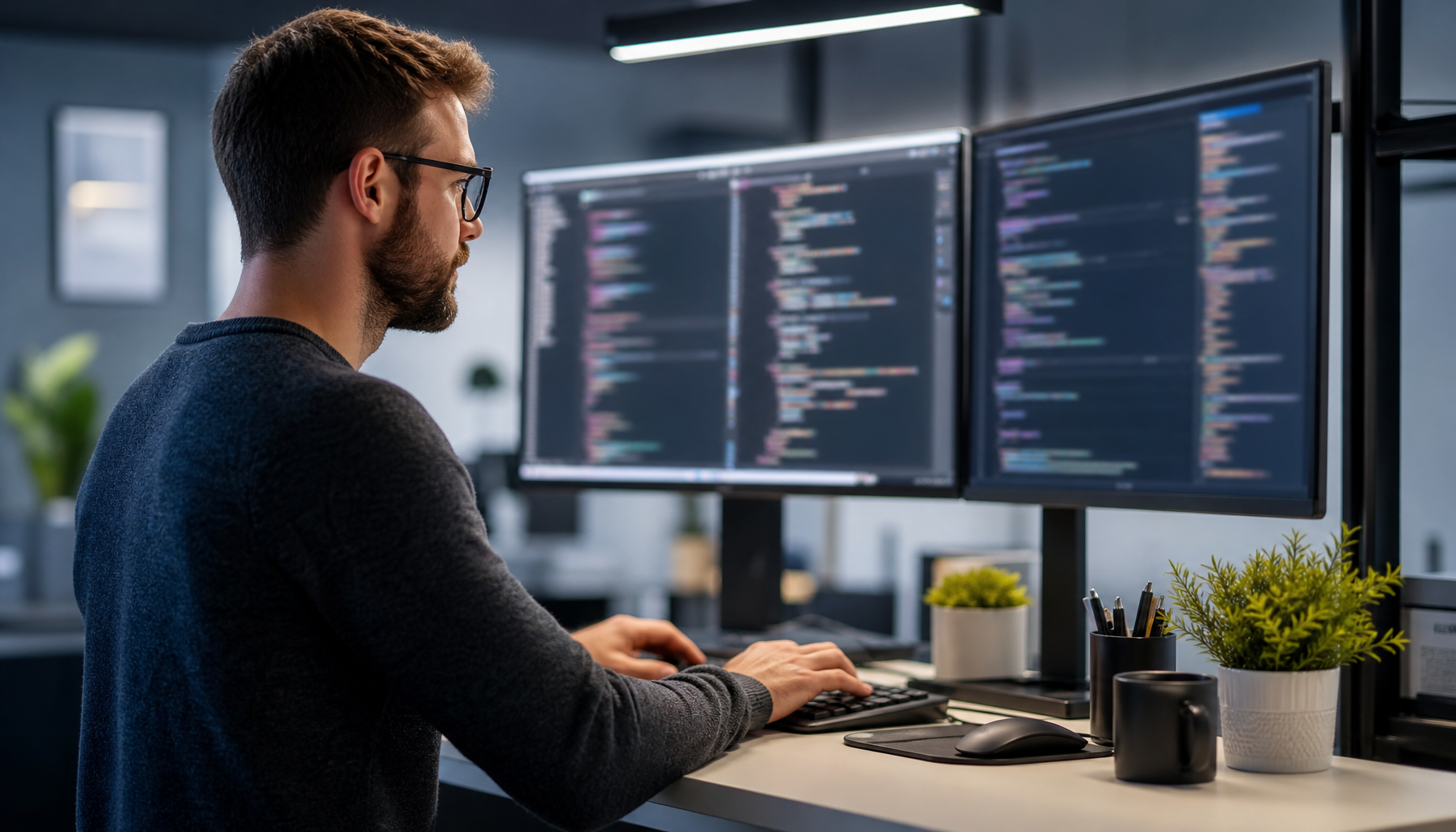 Developer implementing structured data on dual monitor setup