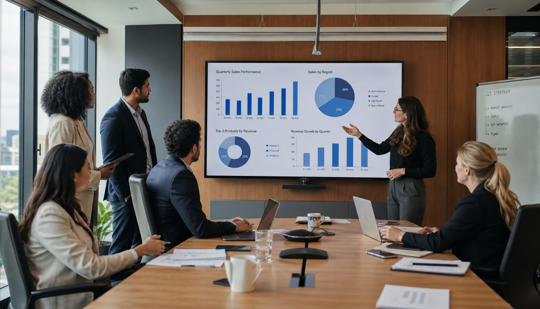 Team reviewing AI visibility reports in meeting room