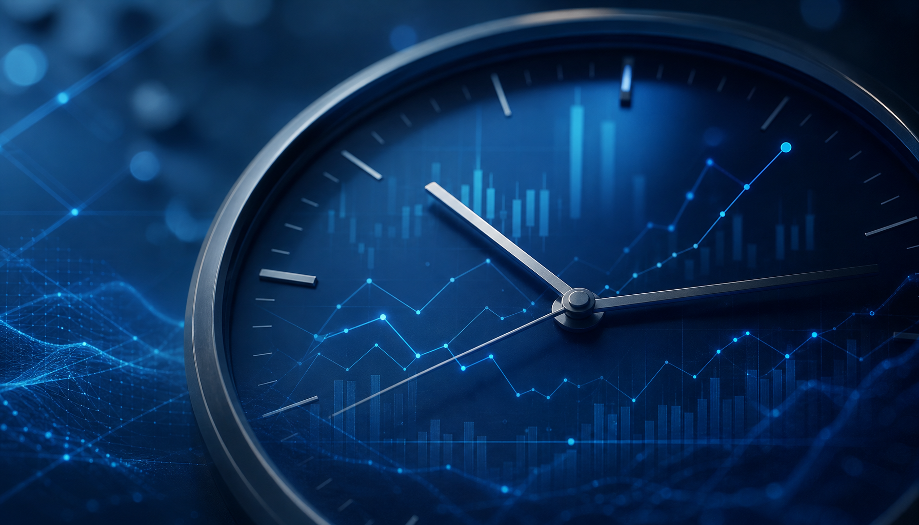 Clock face superimposed with website analytics graphs showing time-based metrics