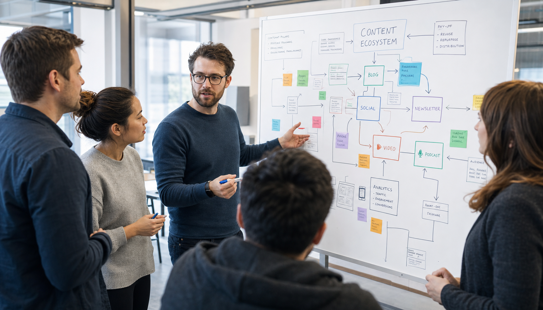 Team brainstorming around whiteboard with content connection diagrams
