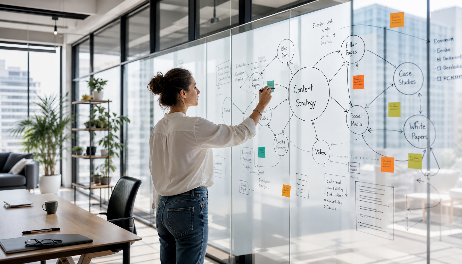Content strategist building topic cluster map on glass wall