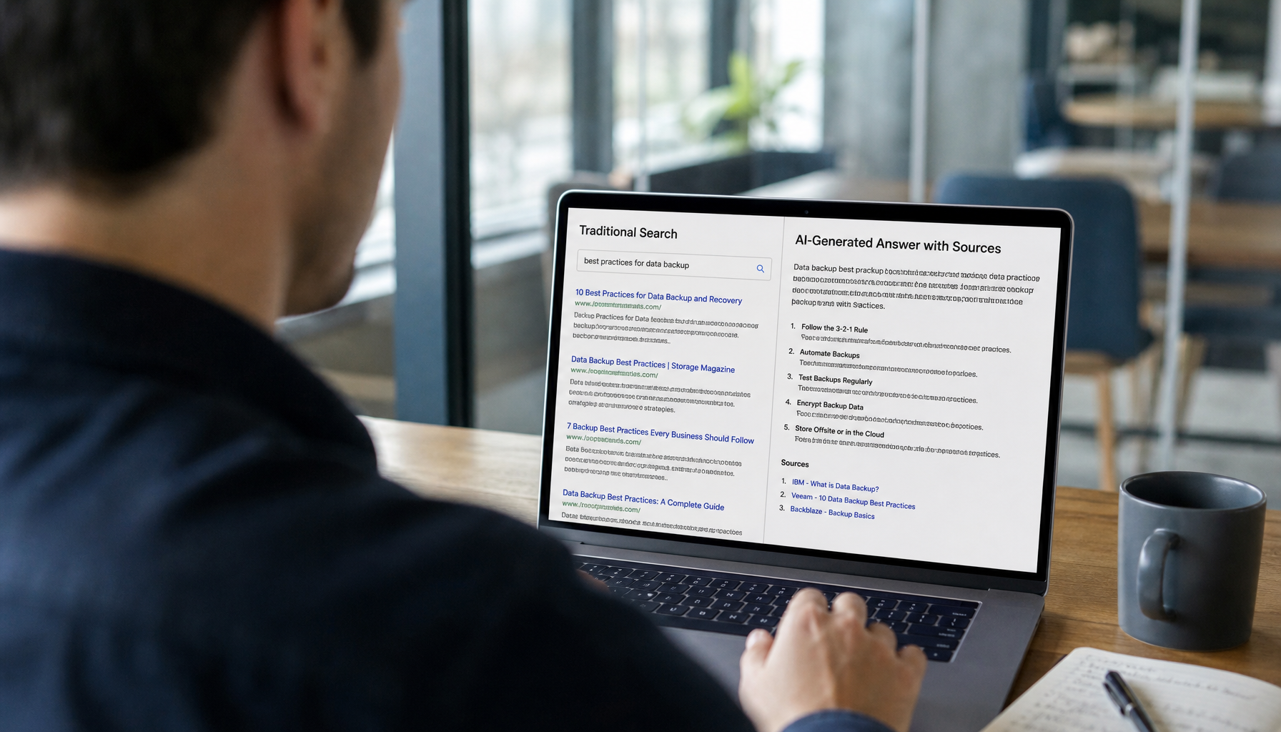 Comparing traditional search results versus AI-generated answers with citations
